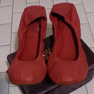 Tory Burch Eddie Leather Slip Ballets Women‎ Shoes Flats Sz7M Red Orange